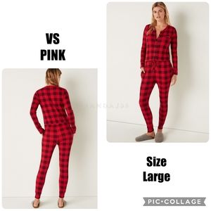 VS PINK Pin Up Red Black Buffalo Plaid Thermal PJ Sleep Pajama Onesie Large NEW